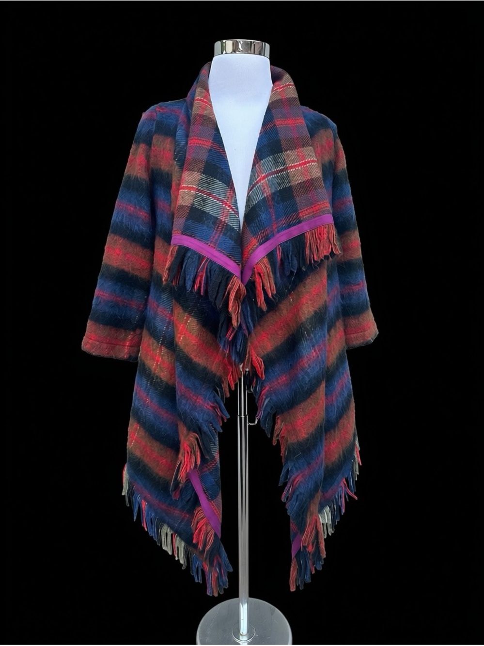 Anthropologie Hei Hei Navy & Rust Plaid Fringe Open-Front Poncho